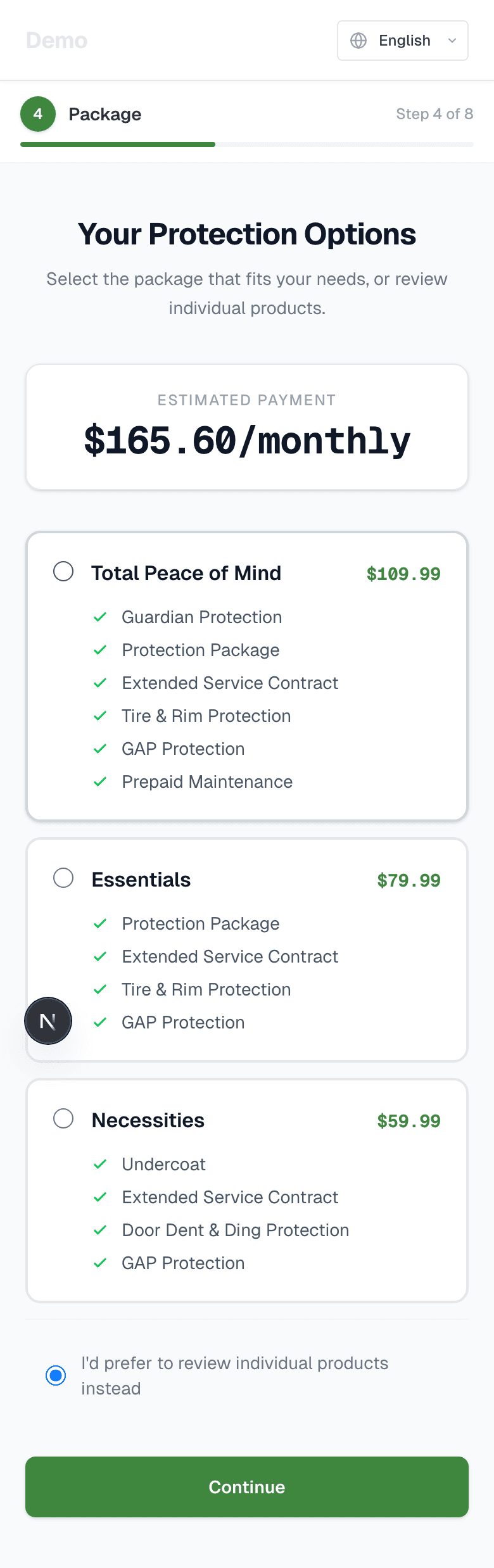 MavenFi customer buyer guide — package selection on mobile